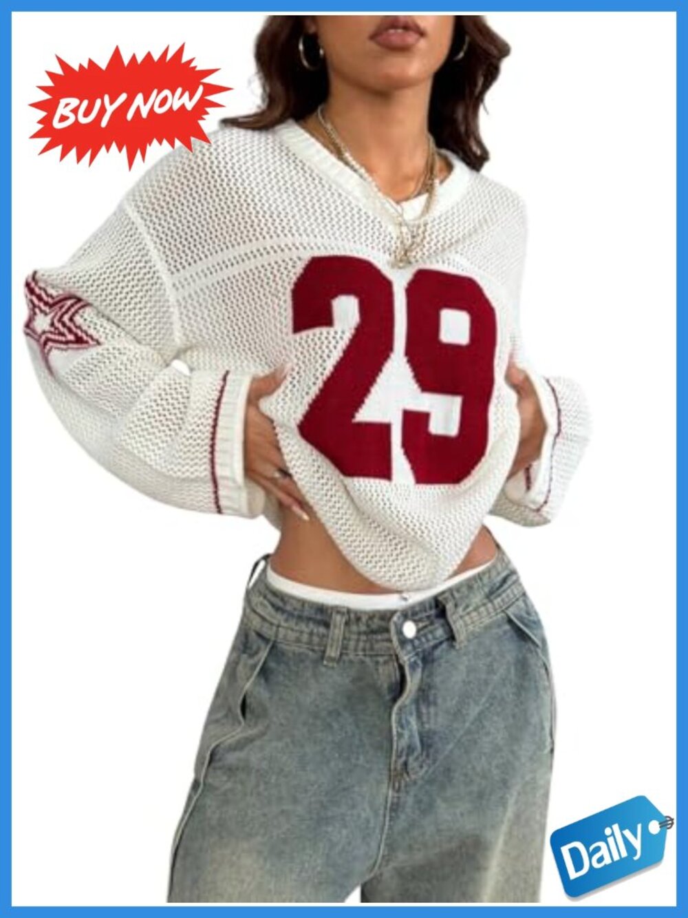 Oversized Crochet Knit T-Shirt Long Sleeve V-Neck Letter Print Pullover